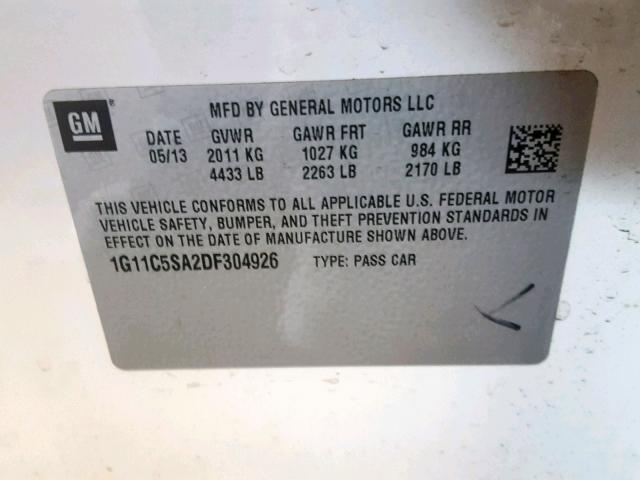 1G11C5SA2DF304926 - 2013 CHEVROLET MALIBU 1LT WHITE photo 10