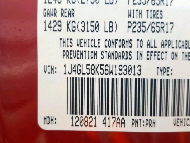 1J4GL58K56W193013 - 2006 JEEP LIBERTY LI RED photo 10