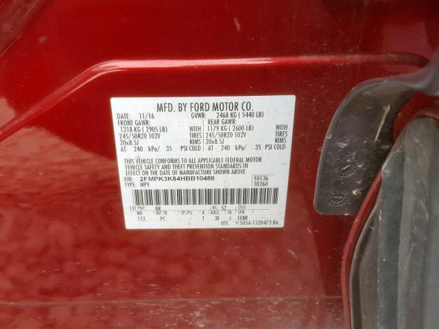 2FMPK3K84HBB10486 - 2017 FORD EDGE TITAN RED photo 10