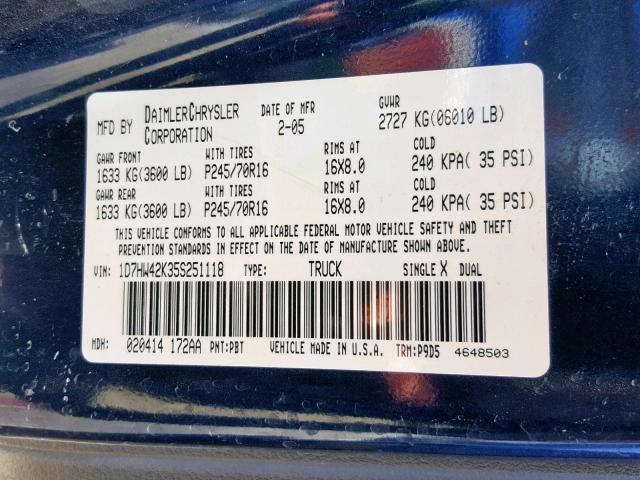 1D7HW42K35S251118 - 2005 DODGE DAKOTA SLT BLUE photo 10