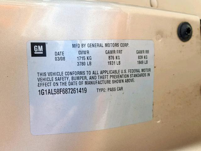 1G1AL58F687261419 - 2008 CHEVROLET COBALT LT GOLD photo 10