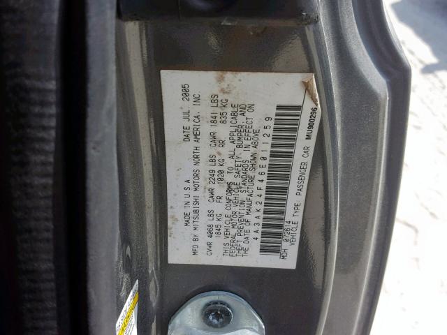 4A3AK24F46E011259 - 2006 MITSUBISHI ECLIPSE GS GRAY photo 10