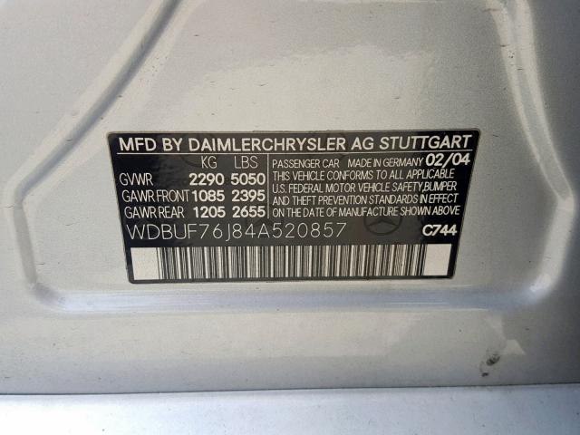 WDBUF76J84A520857 - 2004 MERCEDES-BENZ E 55 AMG GRAY photo 10