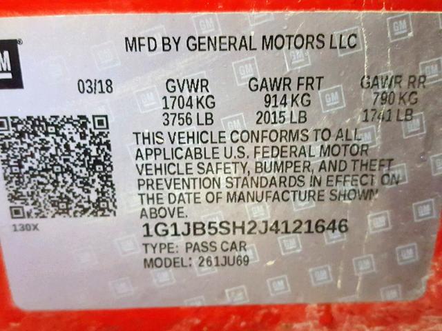 1G1JB5SH2J4121646 - 2018 CHEVROLET SONIC LS 红色 照片 10