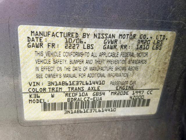 3N1AB61E37L614410 - 2007 NISSAN SENTRA 2.0 GRAY photo 10