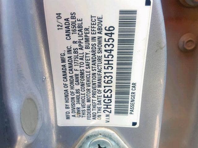 2HGES16315H543546 - 2005 HONDA CIVIC DX V SILVER photo 10