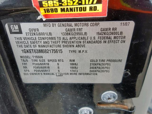 1GKET63M682175615 - 2008 GMC ENVOY DENA BLACK photo 10