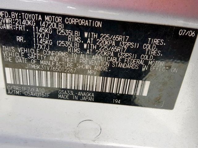 JTMBK31V765012267 - 2006 TOYOTA RAV4 LIMIT SILVER photo 10