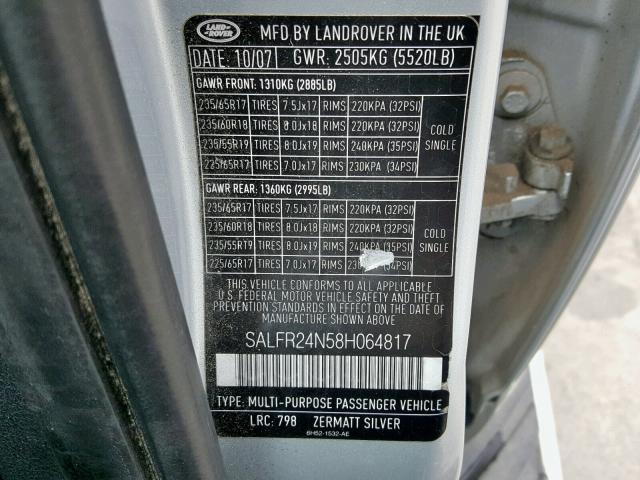 SALFR24N58H064817 - 2008 LAND ROVER LR2 HSE SILVER photo 10