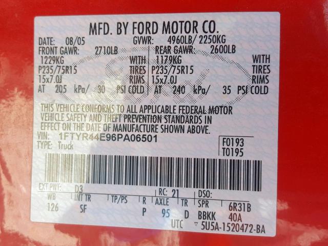 1FTYR44E96PA06501 - 2006 FORD RANGER SUP RED photo 10