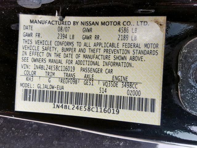 1N4BL24E58C116019 - 2008 NISSAN ALTIMA 3.5 BLACK photo 10