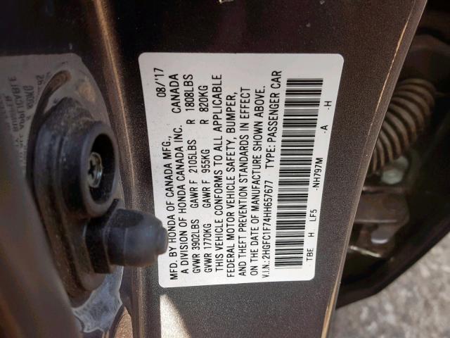 2HGFC1F74HH657677 - 2017 HONDA CIVIC EXL GRAY photo 10