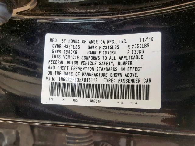 1HGCR2F83HA096113 - 2017 HONDA ACCORD EXL BLACK photo 10