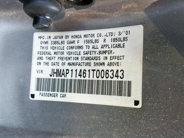 JHMAP11461T006343 - 2001 HONDA S2000 SILVER photo 10