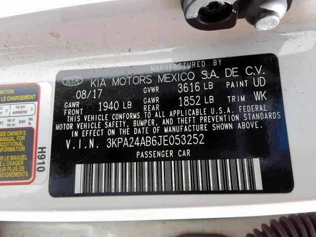 3KPA24AB6JE053252 - 2018 KIA RIO LX WHITE photo 10