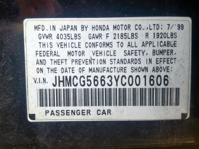 JHMCG5663YC001606 - 2000 HONDA ACCORD EX BLACK photo 10