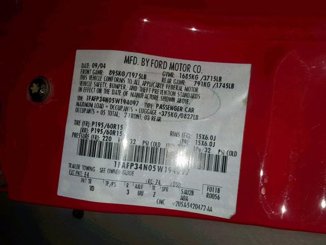 1FAFP34N05W194097 - 2005 FORD FOCUS ZX4 RED photo 10