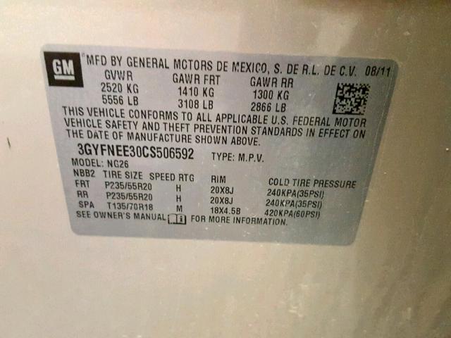 3GYFNEE30CS506592 - 2012 CADILLAC SRX PERFOR ბეჟი ფოტო 10