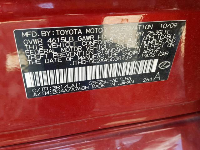 JTHCF5C2XA5038439 - 2010 LEXUS IS 250 RED photo 10