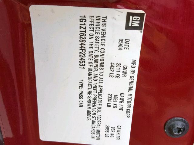 1G1ZT62844F234531 - 2004 CHEVROLET MALIBU MAX 栗色 照片 10