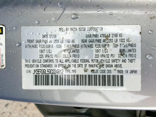 JM3ER29L590224812 - 2009 MAZDA CX-7 SILVER photo 10