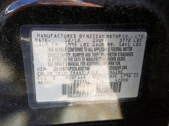 3N1AB7AP2DL652746 - 2013 NISSAN SENTRA S BLACK photo 10