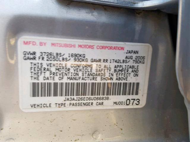 JA3AJ26E06U066838 - 2006 MITSUBISHI LANCER ES SILVER photo 10