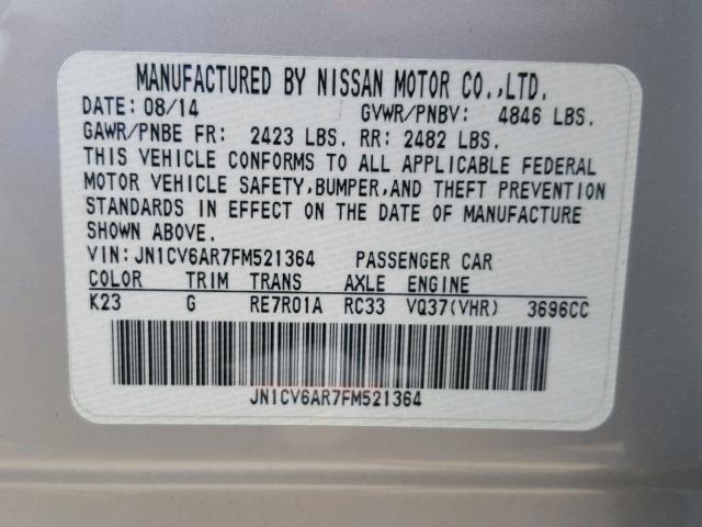 JN1CV6AR7FM521364 - 2015 INFINITI Q40 SILVER photo 10