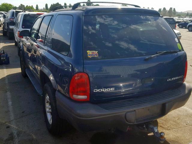 1B4HS38N22F187334 - 2002 DODGE DURANGO SP BLUE photo 3