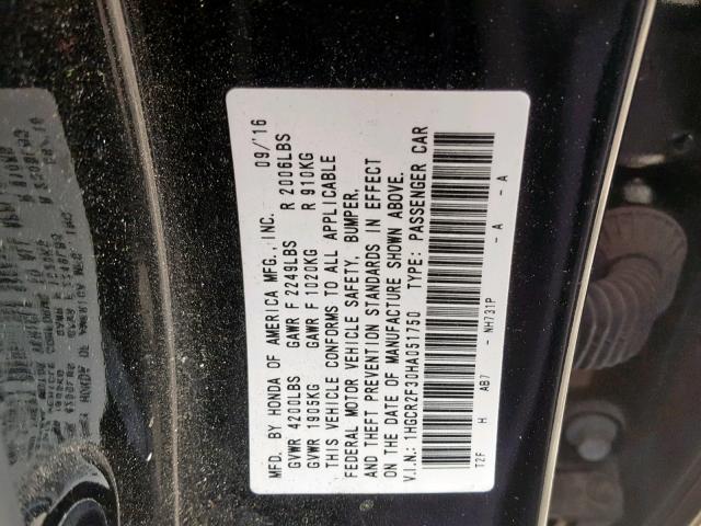 1HGCR2F30HA051750 - 2017 HONDA ACCORD LX BLACK photo 10