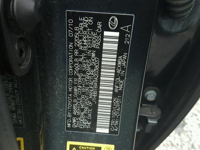 JTHBB1BA9A2038037 - 2010 LEXUS HS 250H BLACK photo 10