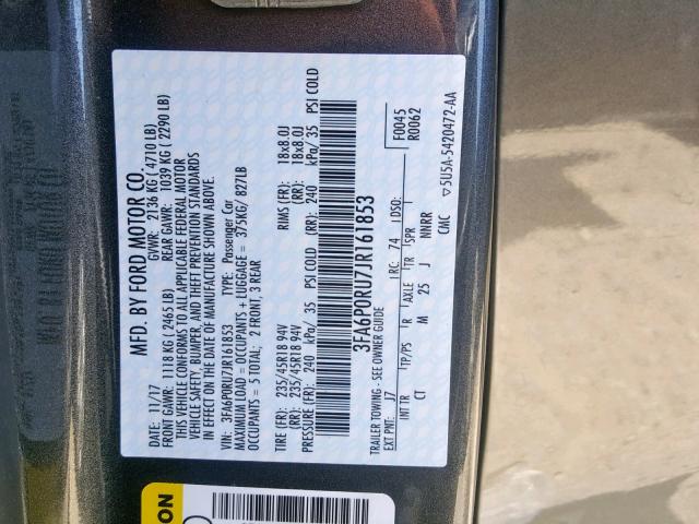 3FA6P0RU7JR161853 - 2018 FORD FUSION TIT GRAY photo 10