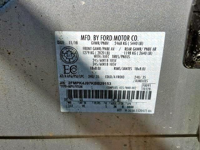 2FMPK4J97KBB29153 - 2019 FORD EDGE SEL SILVER photo 9