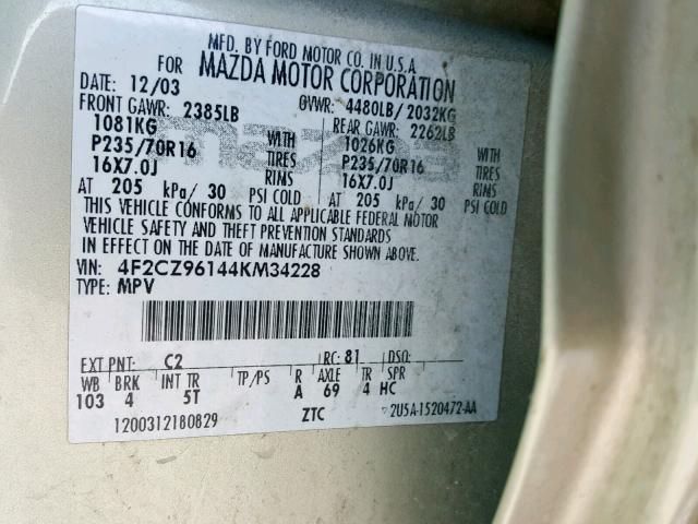 4F2CZ96144KM34228 - 2004 MAZDA TRIBUTE ES ვერცხლისფერი ფოტო 10
