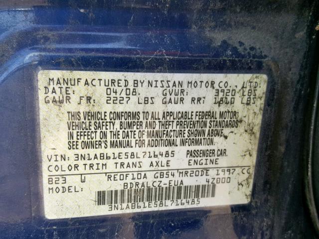 3N1AB61E58L716485 - 2008 NISSAN SENTRA 2.0 BLUE photo 10