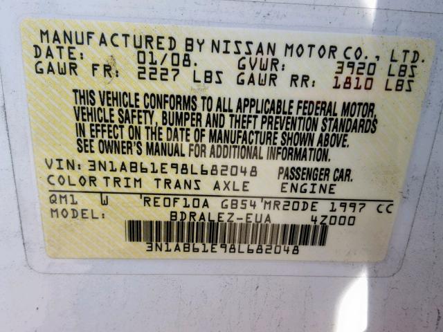 3N1AB61E98L682048 - 2008 NISSAN SENTRA 2.0 WHITE photo 10