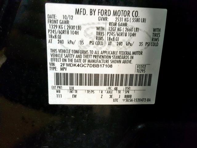 2FMDK4GC7DBB17108 - 2013 FORD EDGE SE BLACK photo 10