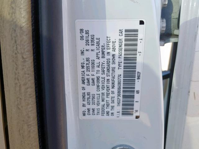 1HGCP36868A080774 - 2008 HONDA ACCORD EXL WHITE photo 10