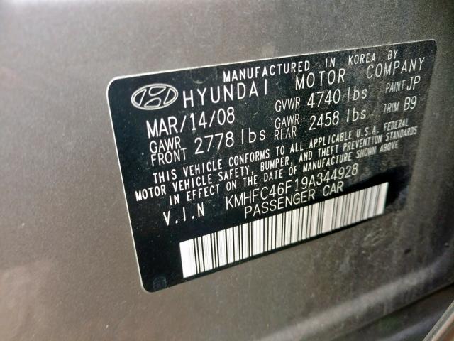 KMHFC46F19A344928 - 2009 HYUNDAI AZERA SE GRAY photo 10