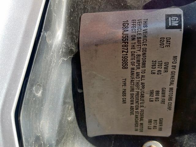 1G8AJ55F87Z199858 - 2007 SATURN ION LEVEL SILVER photo 10