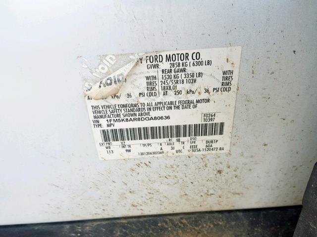 1FM5K8AR8DGA80636 - 2013 FORD EXPLORER P WHITE photo 10