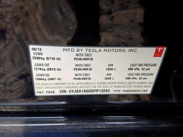 5YJSA1AG0DFP13284 - 2013 TESLA MODEL S أسود صورة 10