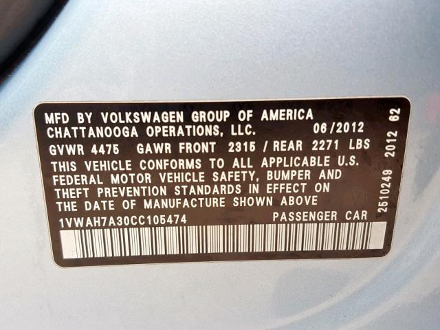 1VWAH7A30CC105474 - 2012 VOLKSWAGEN PASSAT S BLUE photo 10