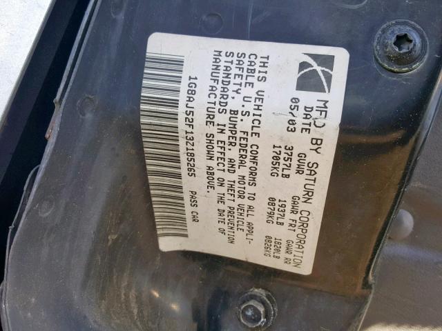 1G8AJ52F13Z185265 - 2003 SATURN ION LEVEL SILVER photo 10
