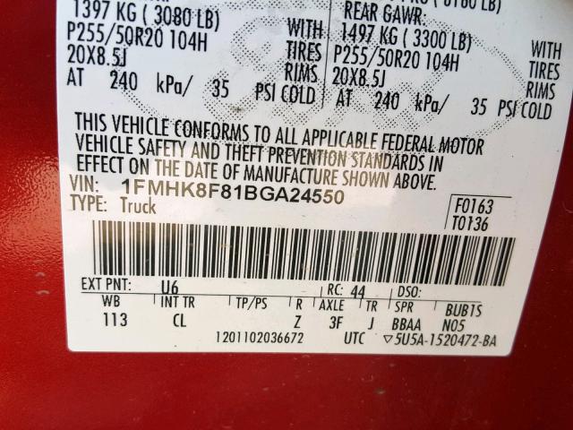 1FMHK8F81BGA24550 - 2011 FORD EXPLORER L RED photo 10