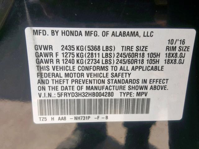 5FRYD3H32HB004280 - 2017 ACURA MDX BLACK photo 10