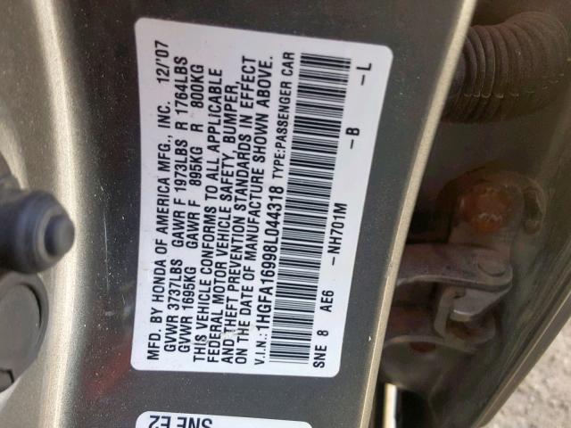 1HGFA16998L044318 - 2008 HONDA CIVIC EXL 石墨色 照片 10