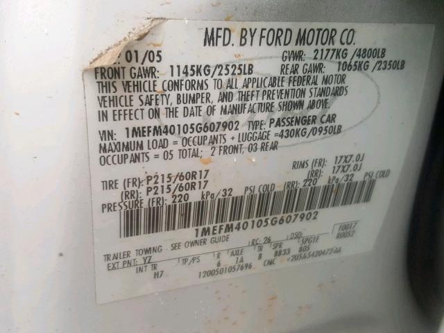 1MEFM40105G607902 - 2005 MERCURY MONTEGO LU WHITE photo 10