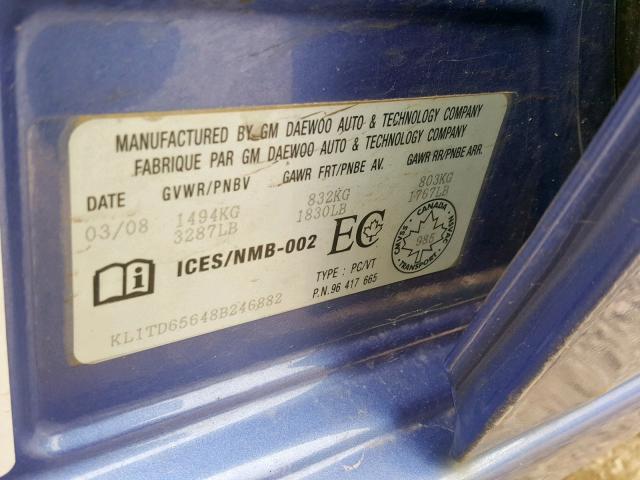 KL1TD65648B246882 - 2008 CHEVROLET AVEO BASE ლურჯი ფოტო 10