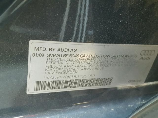 WAUVF78K39A190559 - 2009 AUDI A4 2.0T AV GRAY photo 10